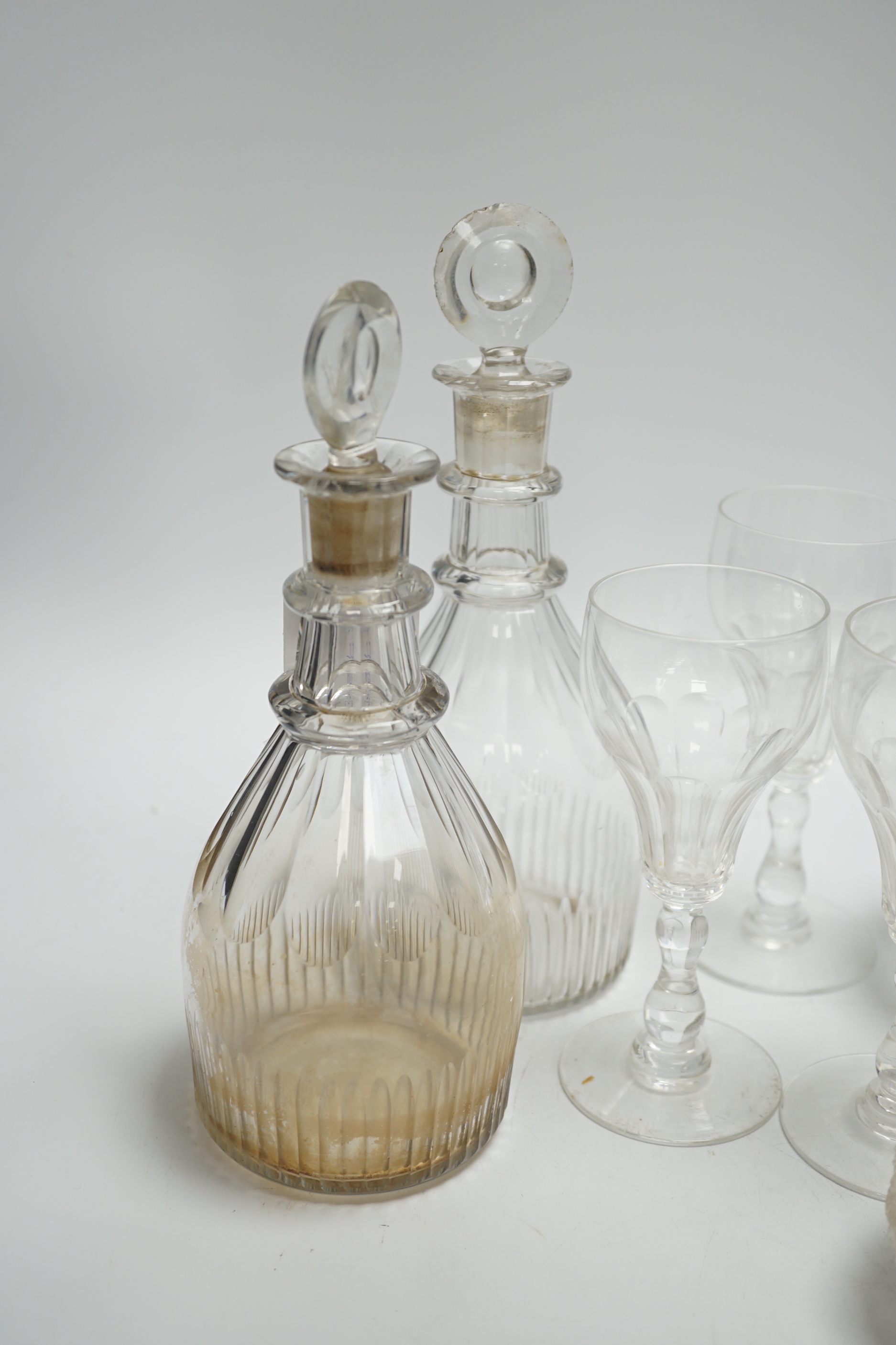 A pair of 19th century cut glass decanters, a collection of salts, etc., decanters 23.5cm including stoppers (11)